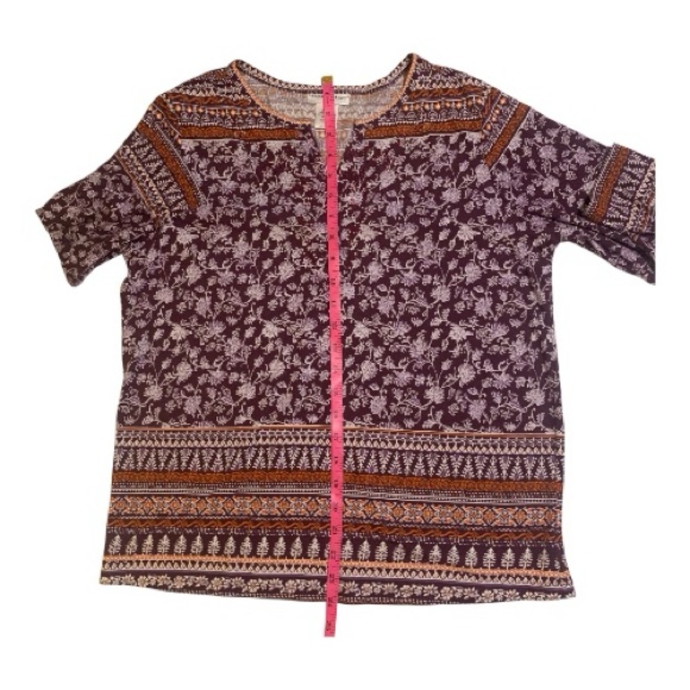 Rebecca Malone Plum Burgundy Orange Tunic Blouse Shirt Top Floral V-Neck Size L - Picture 8 of 12